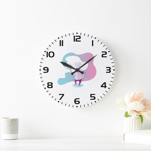 Glimlachende chef-kok met snor en dienblad grote klok