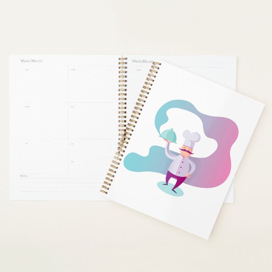 Glimlachende chef-kok met snor en dienblad planner