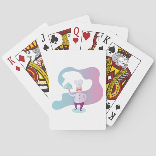 Glimlachende chef-kok met snor en dienblad pokerkaarten (Achterkant)