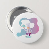 Glimlachende chef-kok met snor en dienblad ronde button 7,6 cm (Voorkant /achterkant)