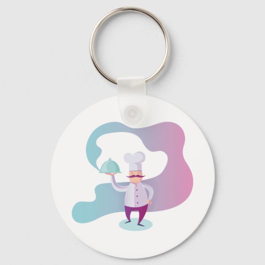 Glimlachende chef-kok met snor en dienblad sleutelhanger (Achterkant)