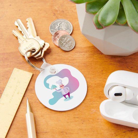 Glimlachende chef-kok met snor en dienblad sleutelhanger