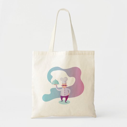 Glimlachende chef-kok met snor en dienblad tote bag (Voorkant)