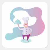 Glimlachende chef-kok met snor en dienblad vierkante sticker (Voorkant)