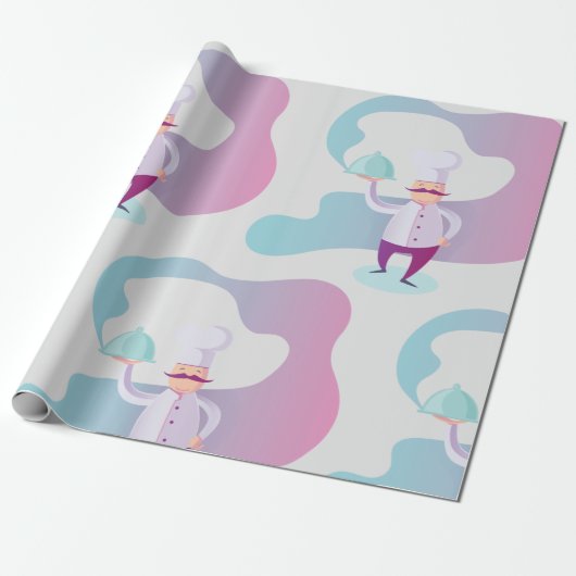 Glimlachende chef met snor en serveerblad cadeaupapier (Uitgerold)