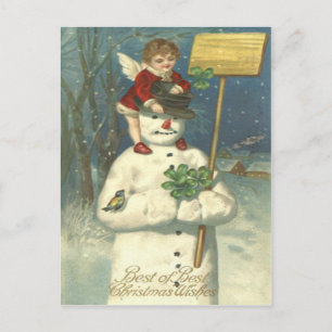 Glimlachende Cherub Sneeuwman Klaver Zangvogel Briefkaart