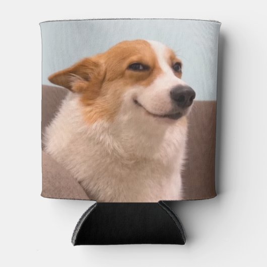 Glimlachende Corgi Meme Dubbelzijdig Zwart Blikjeskoeler (Voorkant)