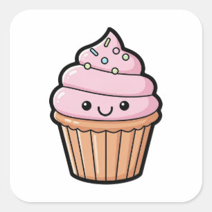 Glimlachende Cupcake – Cute Kawaii Illustratie Vierkante Sticker