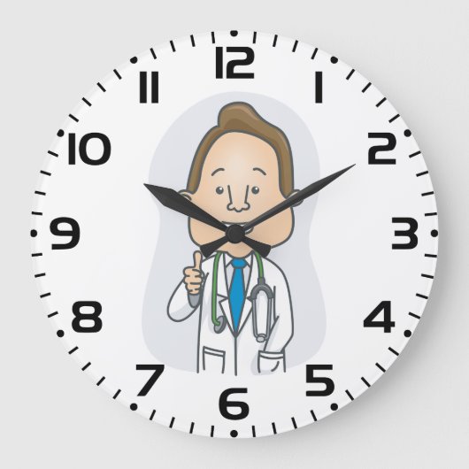 Glimlachende dokter geeft duimen omhoog met stetho grote klok (Voorkant)