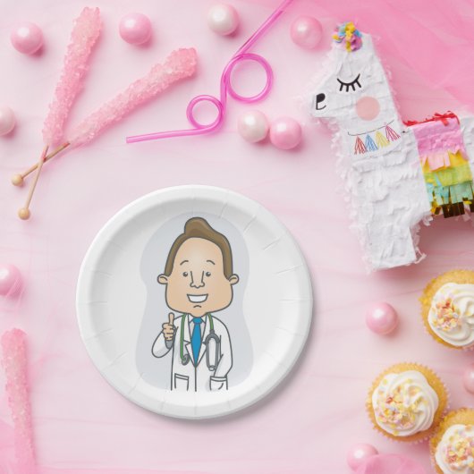 Glimlachende dokter geeft duimen omhoog met stetho papieren bordje (Feest)