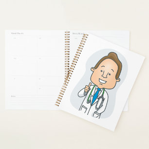 Glimlachende dokter geeft duimen omhoog met stetho planner
