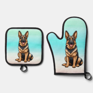 glimlachende duitse herder hond ovenwant & pannenlap set