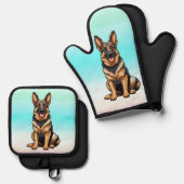 glimlachende duitse herder hond ovenwant & pannenlap set (Voorkant / Achterkant)