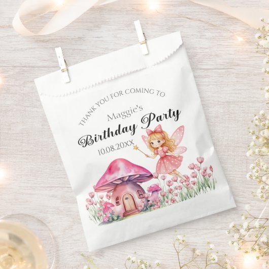 Glimlachende Fairy en Pink Mushrooms Verjaardagsfe Bedankzakje (Geknipt)