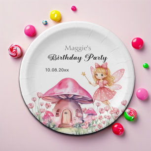 Glimlachende Fairy en Pink Mushrooms Verjaardagsfe Papieren Bordje