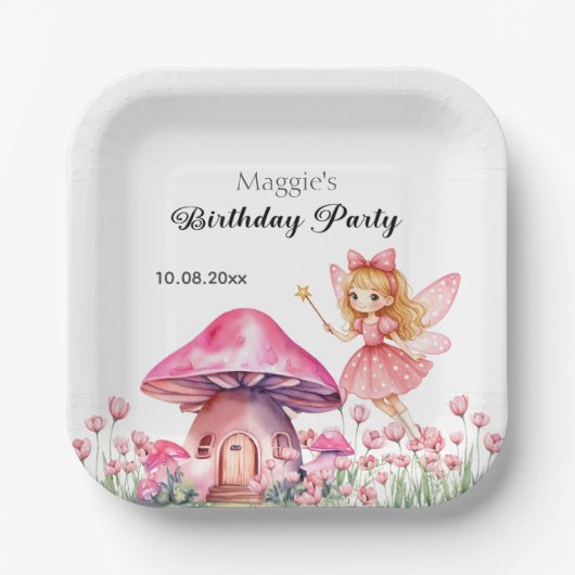 Glimlachende Fairy en Pink Mushrooms Verjaardagsfe Papieren Bordje (Voorkant)