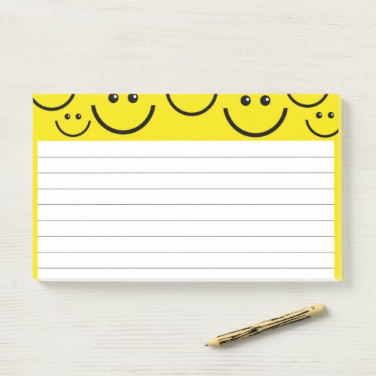 Glimlachende gezichten in Sunshine Yellow Post-it® Notes (Op bureau)