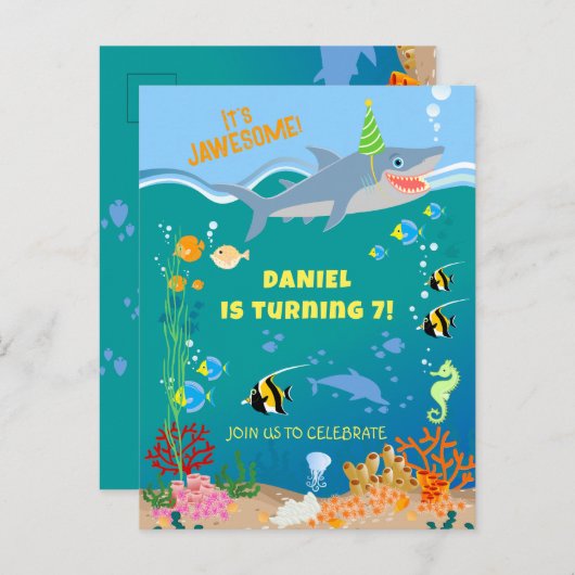 Glimlachende haai onder de zee jongen verjaardagsf uitnodiging briefkaart (Voorkant / Achterkant)