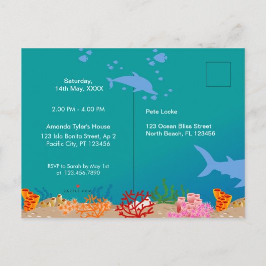 Glimlachende haai onder de zee jongen verjaardagsf uitnodiging briefkaart (Achterkant)