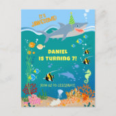 Glimlachende haai onder de zee jongen verjaardagsf uitnodiging briefkaart (Voorkant)