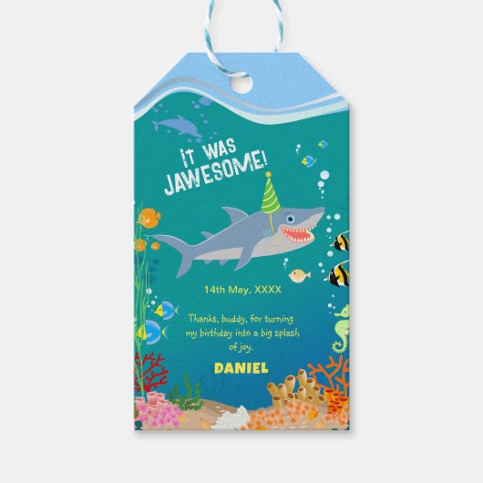 Glimlachende haai onder het zee boy Verjaardagsfee Cadeaulabel (Voorkant)