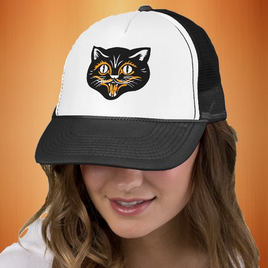 Glimlachende  Halloween Kat Gezicht Zwart Sinaasap Trucker Pet