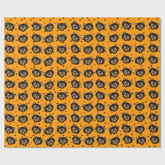 Glimlachende Halloween zwart Kat Gezicht Oranje St Cadeaupapier (Vlak)