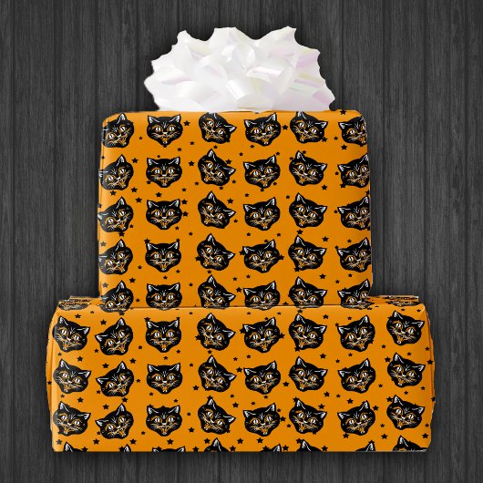 Glimlachende Halloween zwart Kat Gezicht Oranje St Cadeaupapier