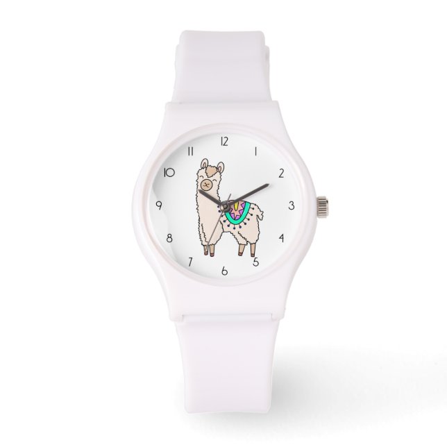 Glimlachende Happy Llama Alpaca cartoon Animal Dra Horloge (Voorkant)