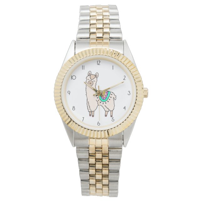 Glimlachende Happy Llama Alpaca cartoon Animal Dra Horloge (Voorkant)