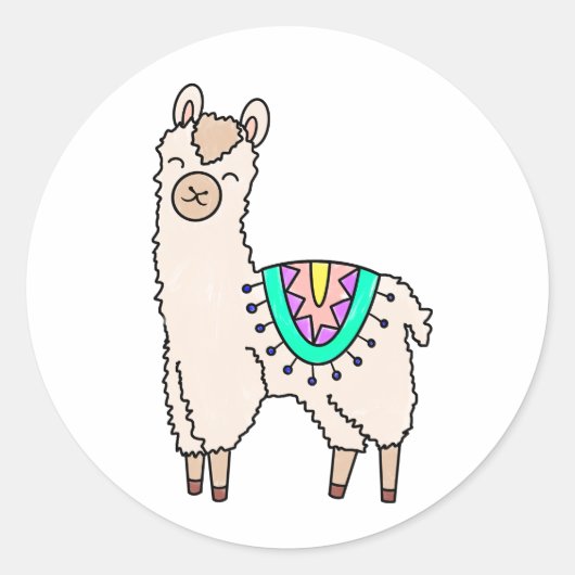 Glimlachende Happy Llama Alpaca cartoon Animal Dra Ronde Sticker (Voorkant)