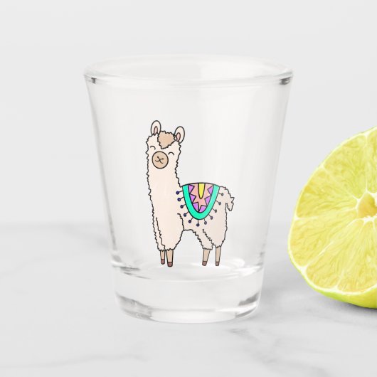 Glimlachende Happy Llama Alpaca cartoon Animal Dra Shot Glas (Voorkant)