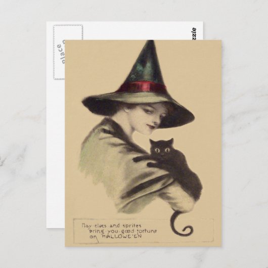 Glimlachende Happy Witch Black Cat Briefkaart (Voorkant / Achterkant)