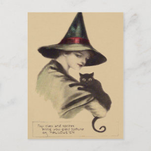 Glimlachende Happy Witch Black Cat Briefkaart
