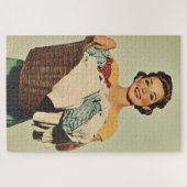 Glimlachende huisvrouw met wasmand legpuzzel (Horizontaal)