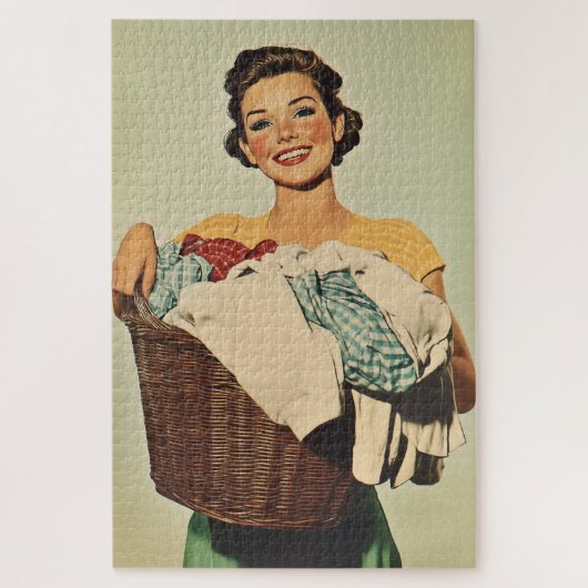 Glimlachende huisvrouw met wasmand legpuzzel (Verticaal)