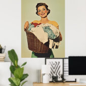 Glimlachende huisvrouw met wasmand poster (Thuiskantoor)