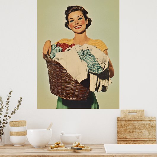 Glimlachende huisvrouw met wasmand poster (Keuken)