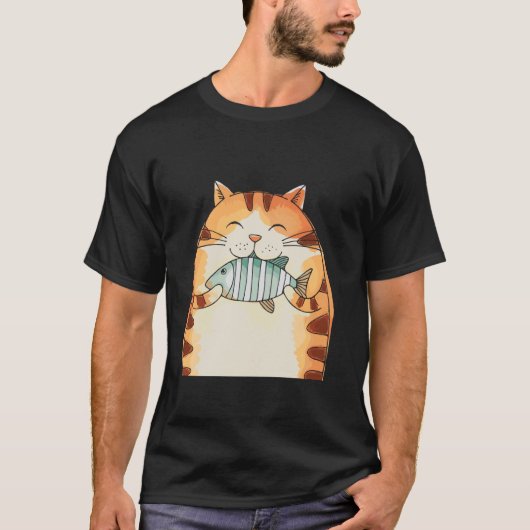 Glimlachende kat knuffelt vis pret t-shirt (Voorkant)