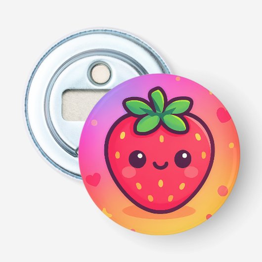 Glimlachende Kawaii-aardbei op pastelgradiënt rug Button Flesopener (Voorkant)