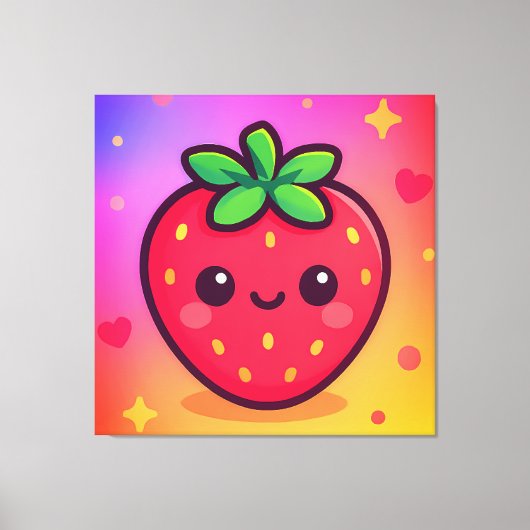 Glimlachende Kawaii-aardbei op pastelgradiënt rug Canvas Afdruk (Voorkant)