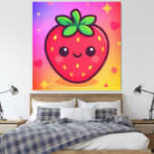 Glimlachende Kawaii-aardbei op pastelgradiënt rug Canvas Afdruk (Insitu (Slaapkamer))