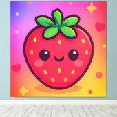 Glimlachende Kawaii-aardbei op pastelgradiënt rug Canvas Afdruk (Insitu (Houten vloer))