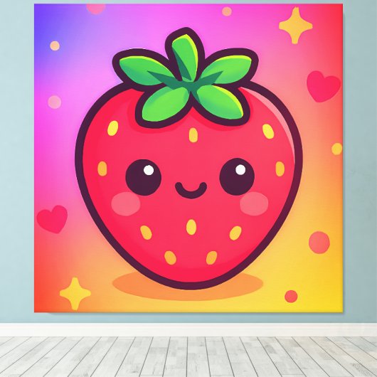 Glimlachende Kawaii-aardbei op pastelgradiënt rug Canvas Afdruk (Insitu (Houten vloer))