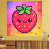 Glimlachende Kawaii-aardbei op pastelgradiënt rug Canvas Afdruk (Insitu (Woonkamer))