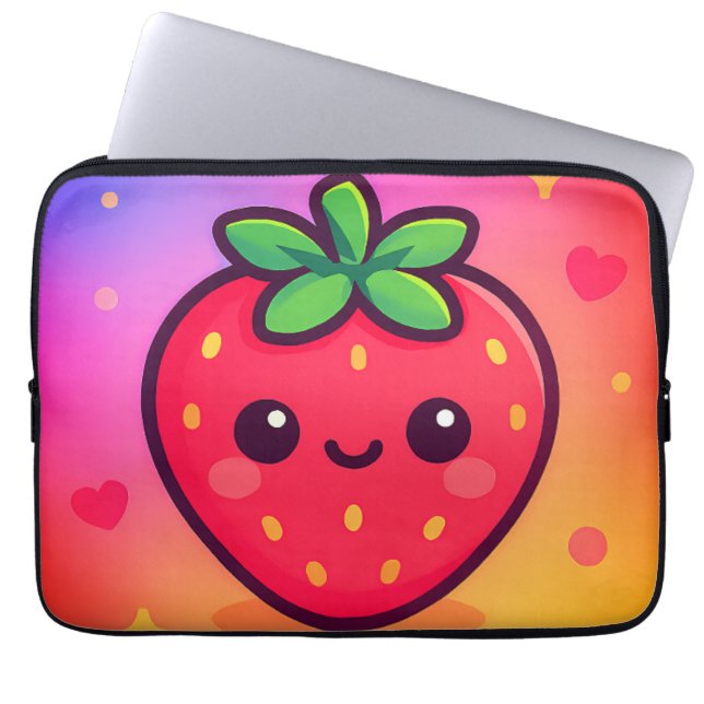 Glimlachende Kawaii-aardbei op pastelgradiënt rug Laptop Sleeve (Voorkant)