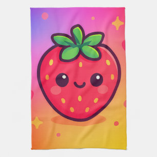 Glimlachende Kawaii-aardbei op pastelgradiënt rug Theedoek