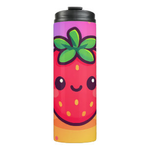 Glimlachende Kawaii-aardbei op pastelgradiënt rug Thermosbeker