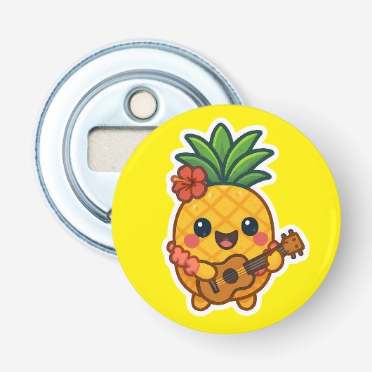 Glimlachende Kawaii Ananas – Tropisch Button Flesopener (Voorkant)