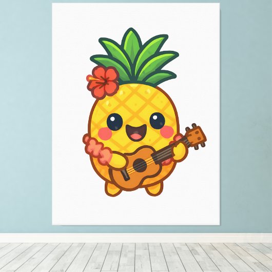 Glimlachende Kawaii Ananas – Tropisch Canvas Afdruk (Insitu (Houten vloer))